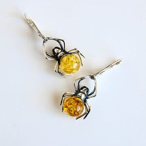 Lemon Baltic Amber Spider Earrings - Sterling Silver